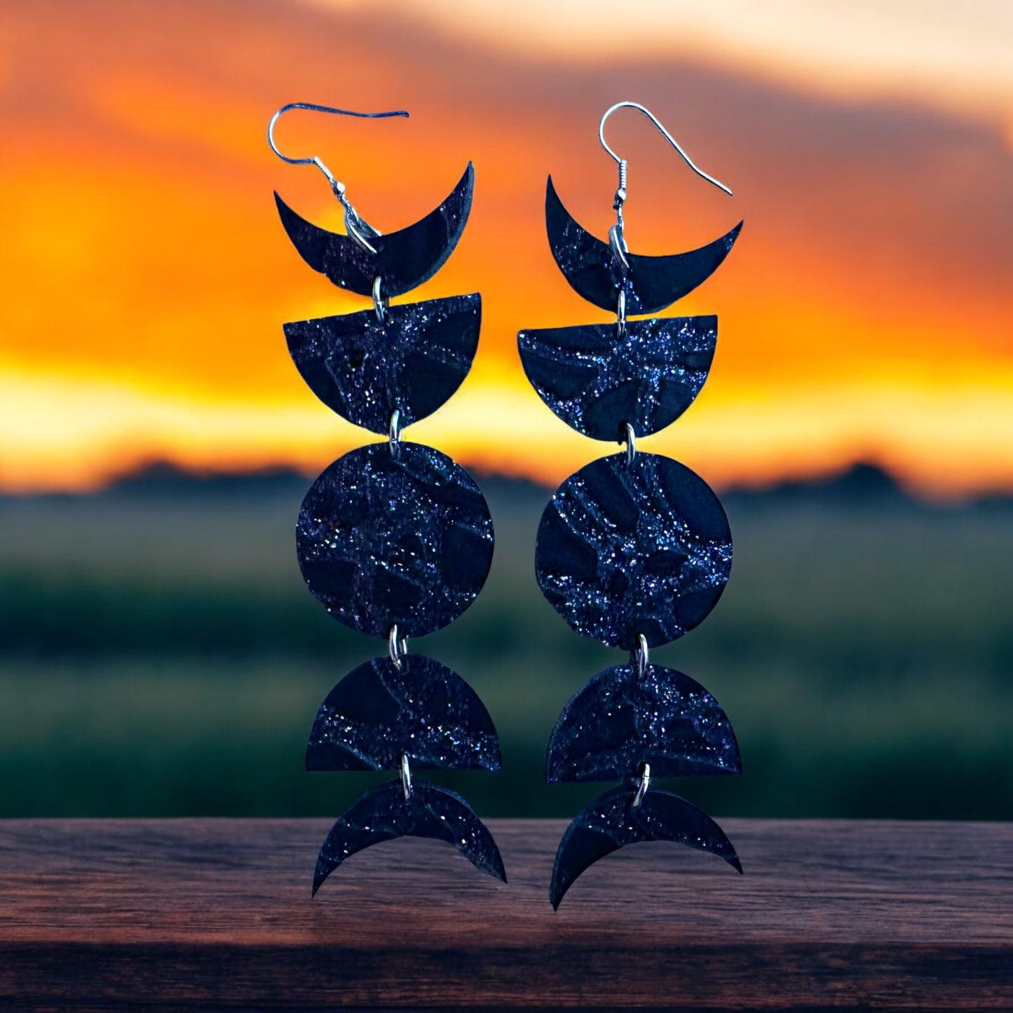 Black Glitter Swirl Moonphase Earrings