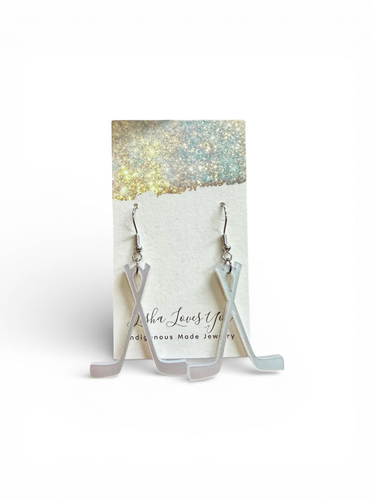 Metallic White Hockey Stick Earrings