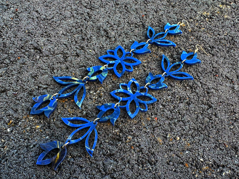 Navy Golden XxL Floral Drop Earrings