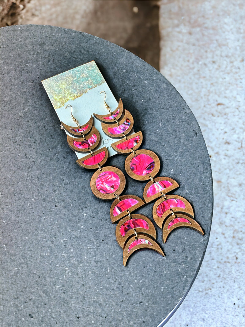 Hot Pink Inlay Moon Phase Earrings