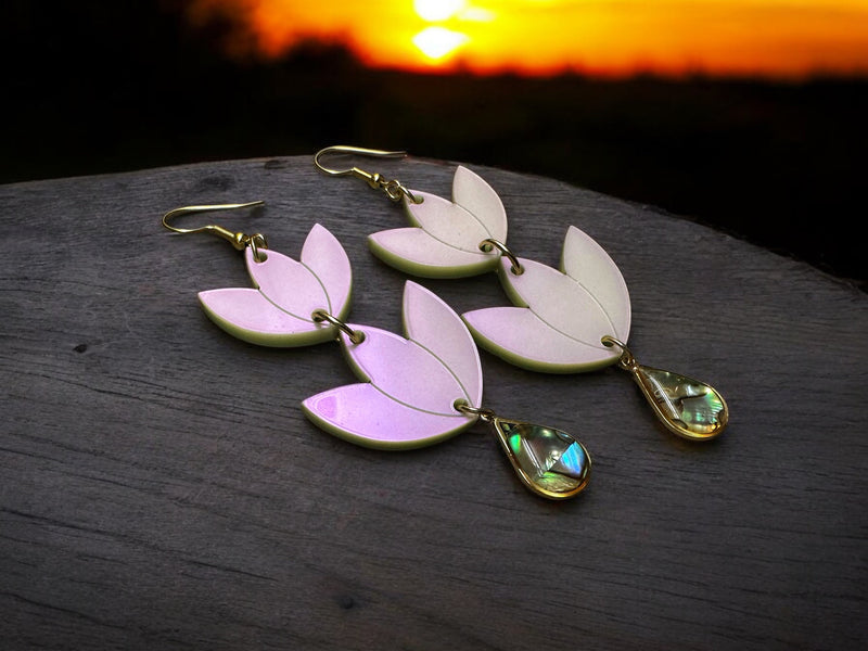 Iridescent white Floral with Abalone Shell Earrings