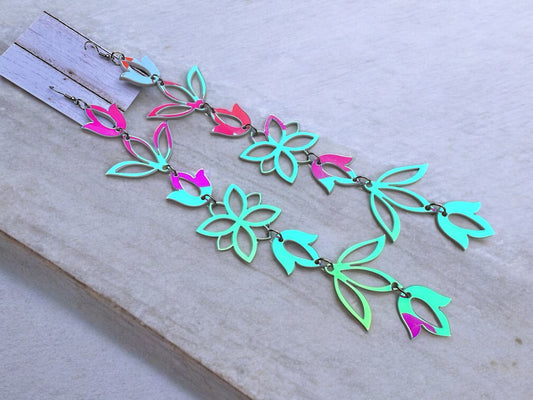 Iridescent White XxL Floral Drop Earrings