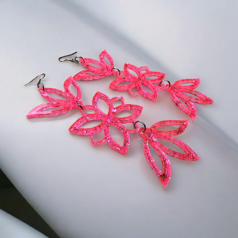 Fluorescent Pink Glitter Acrylic Earrings