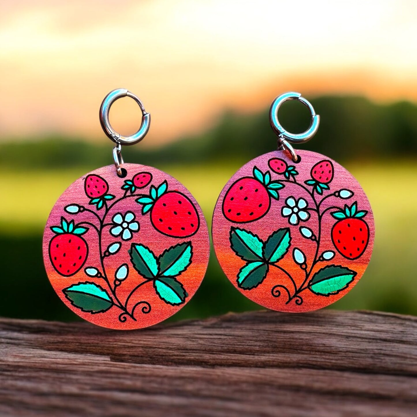 Handpainted Strawberry Wood Earrings