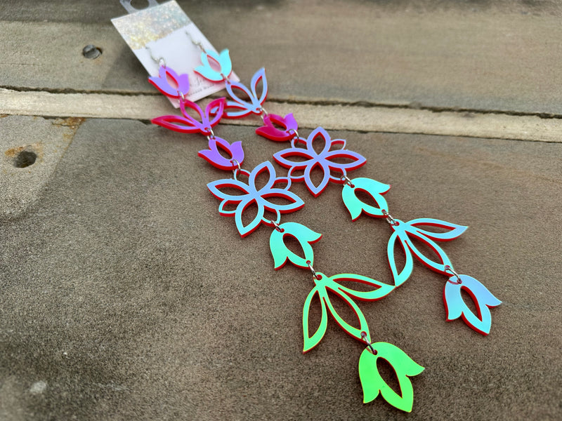 Rainbow iridescent pink XxL Floral Drop Earrings