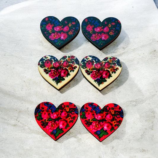 Kukom Print Wood Heart Cabochons