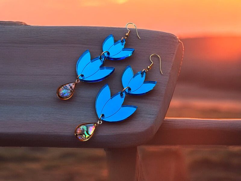 Electric Blue Mirror Floral with Abalone Shell Earrings