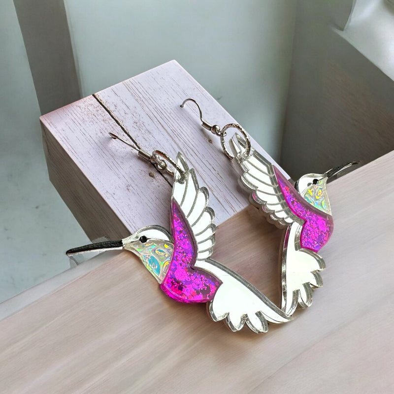 Silver and pink Hummingbird Earrings