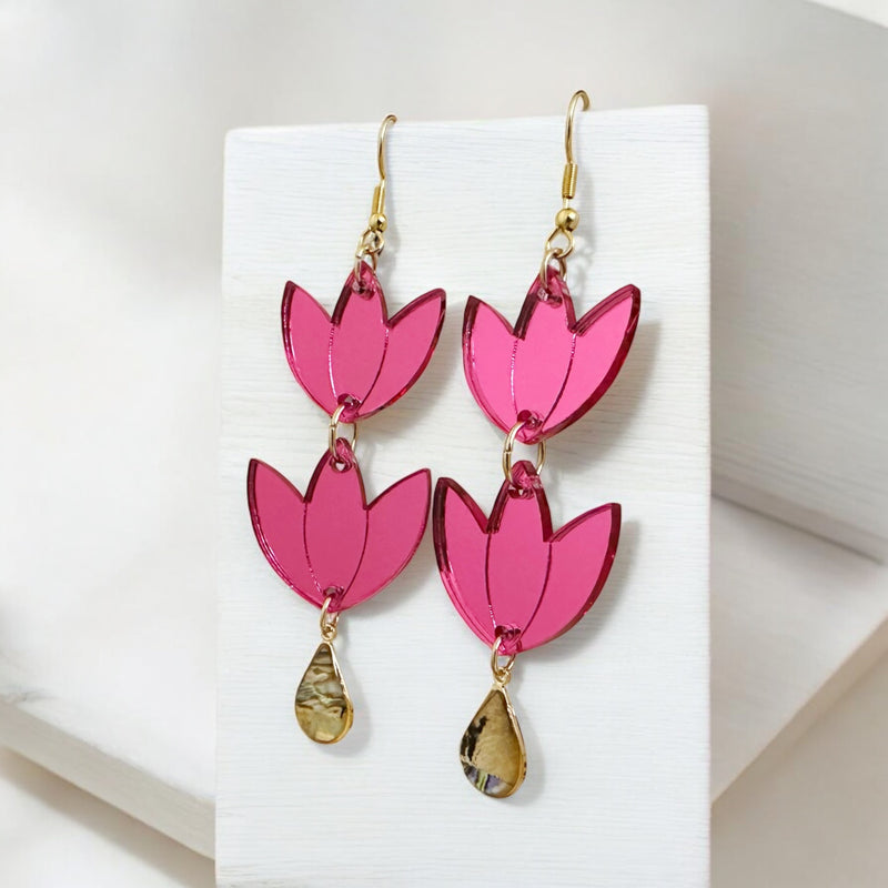 Pink Mirror Floral with Abalone Shell Earrings