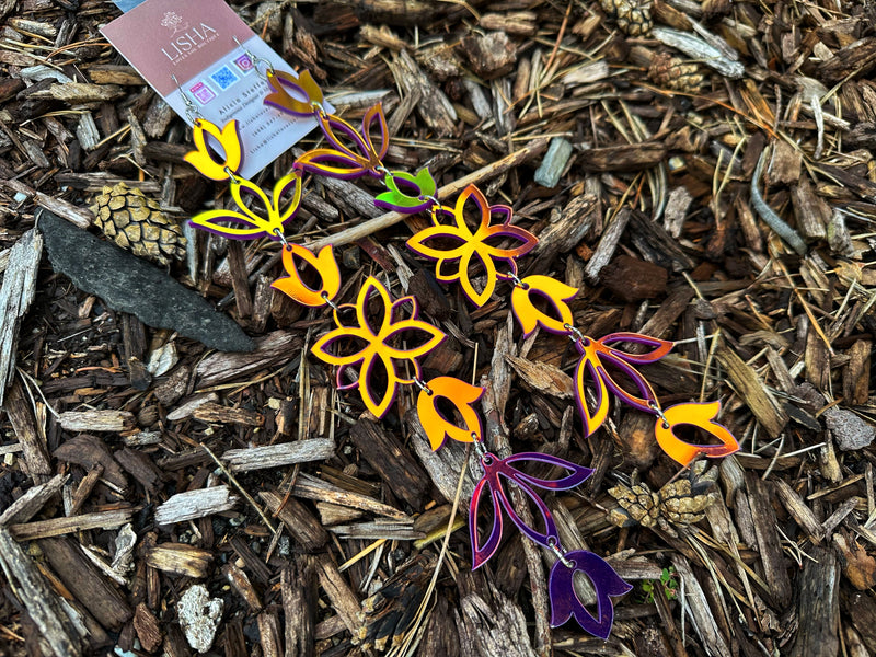 Rainbow iridescent Purple XxL Floral Drop Earrings