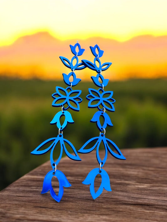 Blue metallic XxL Floral Drop Earrings