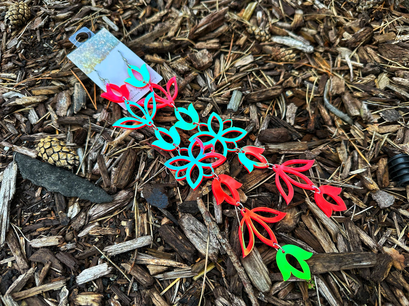 Rainbow iridescent Red XxL Floral Drop Earrings