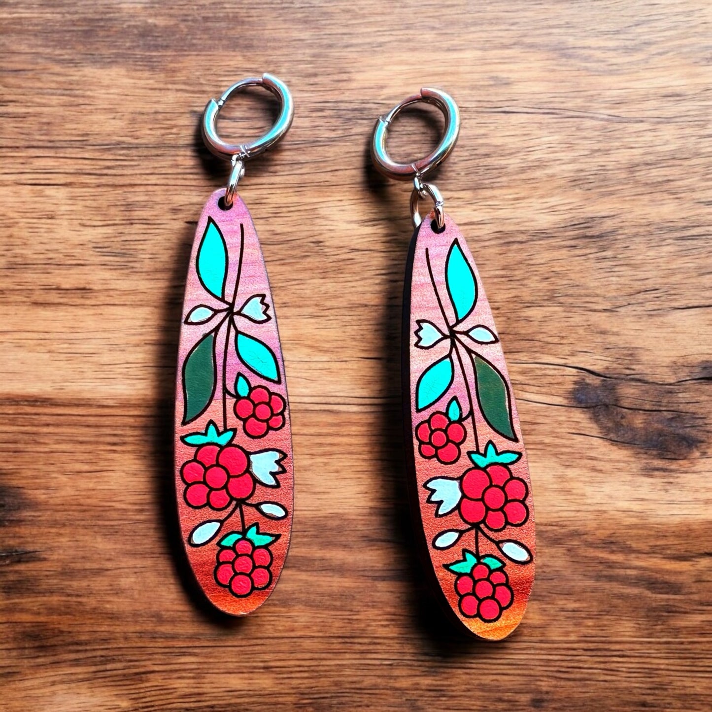 Handpainted Raspberry Wood Earrings