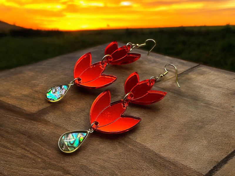 Red Mirror Floral with Abalone Shell Earrings