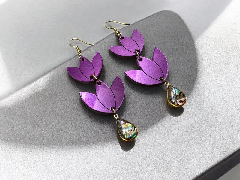 Purple Floral with Abalone Shell Earrings