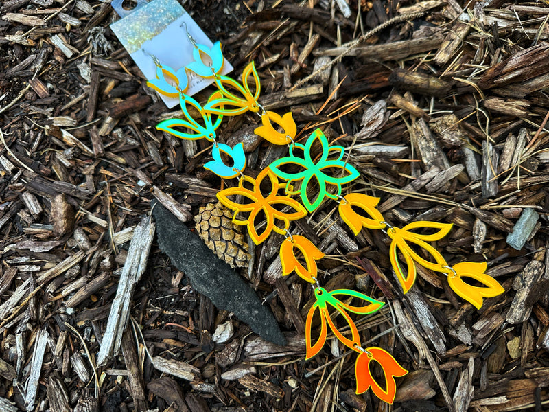 Rainbow iridescent yellow XxL Floral Drop Earrings