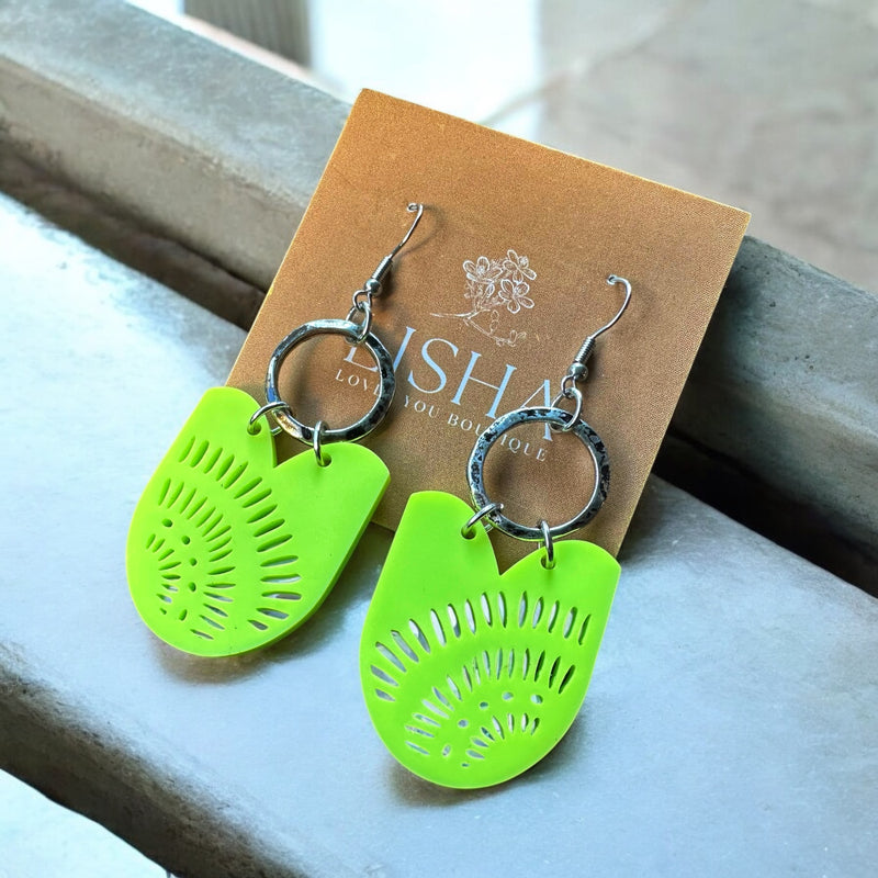 Neon Lime Boho Tulip Drop Earrings