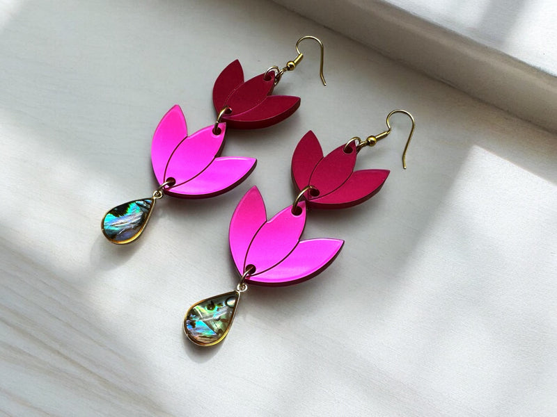 Hot Pink Metallic Floral with Abalone Shell Earring