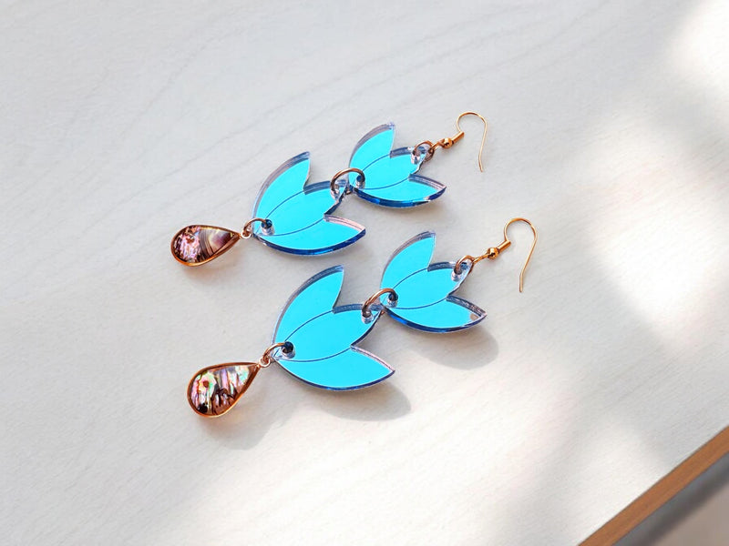 Light Blue Mirror Floral with Abalone Shell Earrings