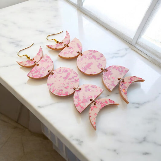 Pale Pink w pink flake Moon Phase Earrings