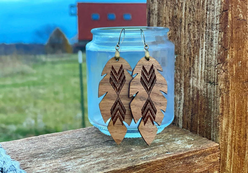 Walnut Wood Feather Tribal Earrings