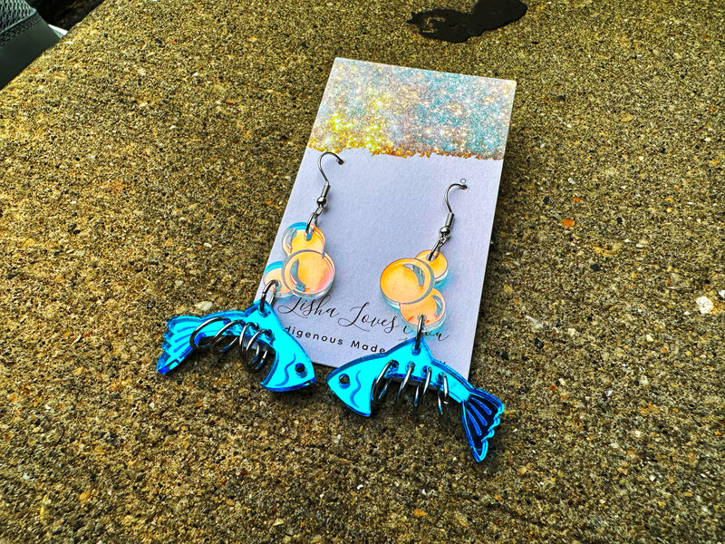 Blue Fish Bone Earrings