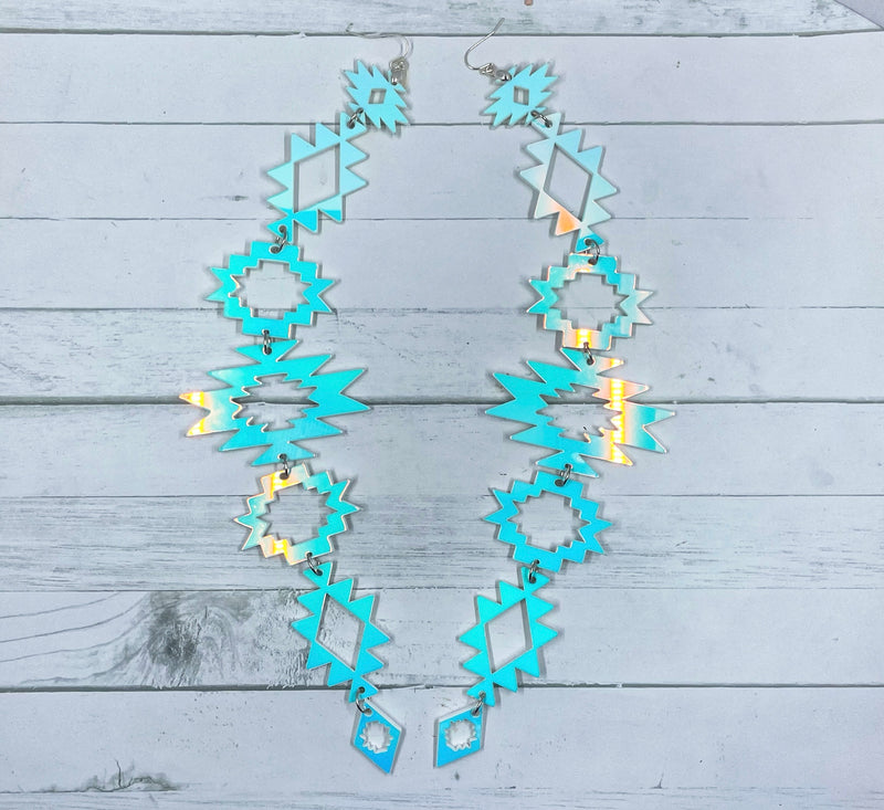 White Iridescent XxL Aztec Drop Earrings