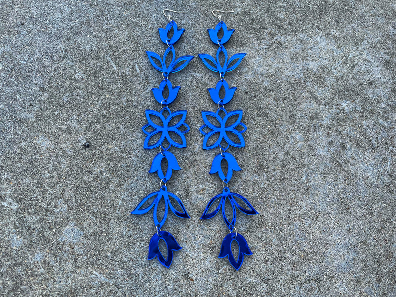 Blue Mirror XxL Floral Drop Earrings