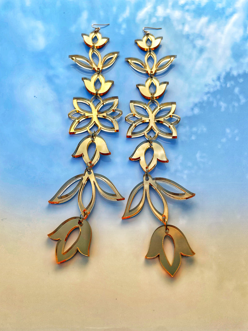 Gold Mirror XxL Floral Drop Earrings